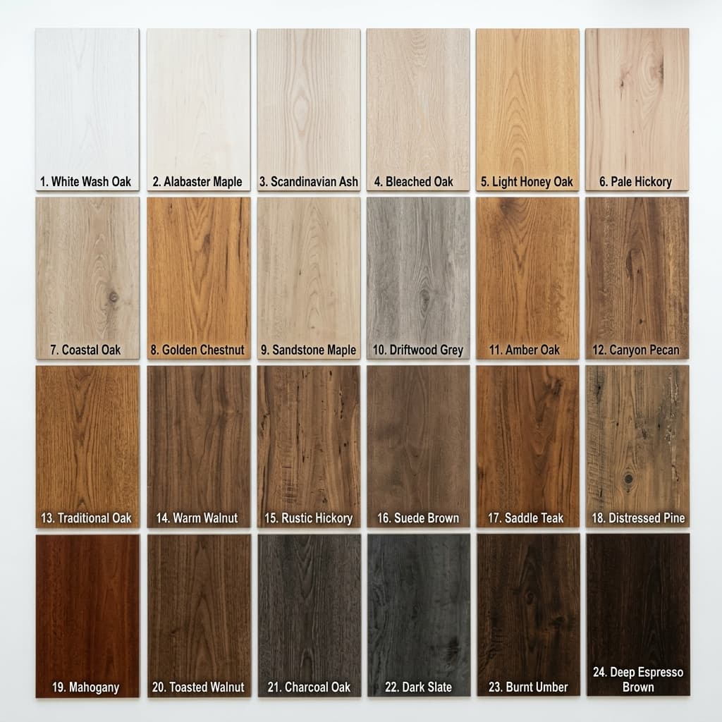 Physical flooring color samples showing over 20 options